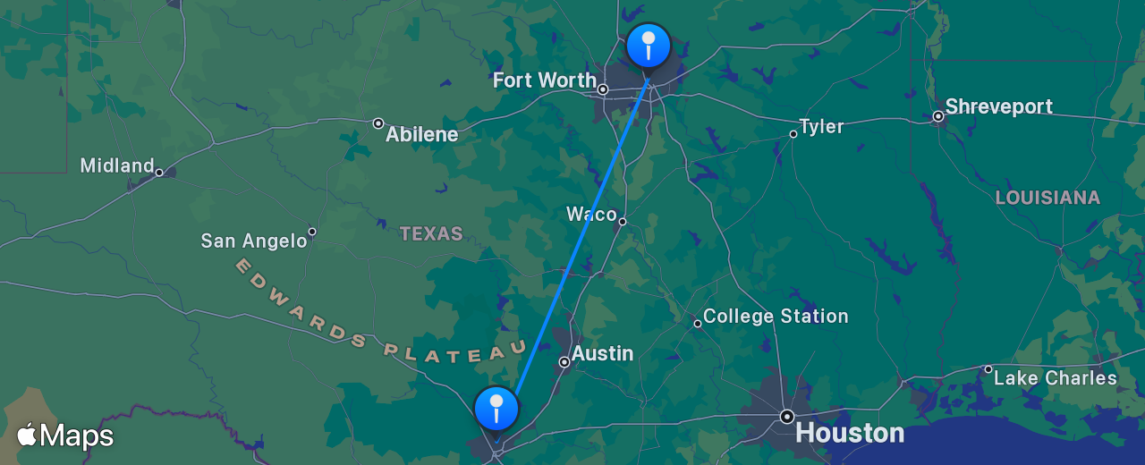 Map of the flight from San Antonio to Dallas