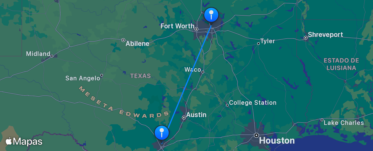 Mapa del vuelo de Dallas a San Antonio