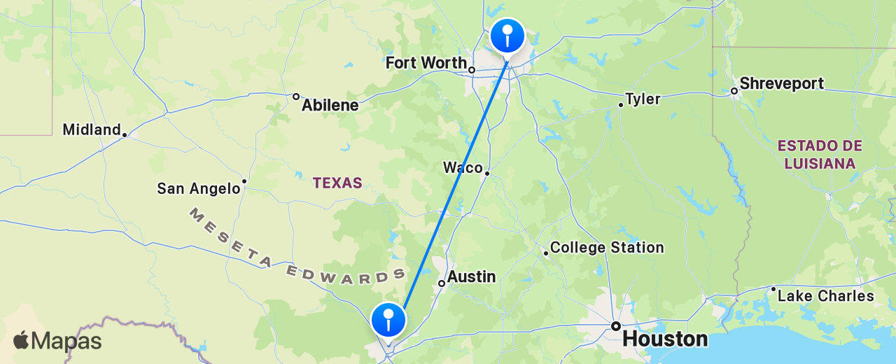 Mapa del vuelo de Dallas a San Antonio