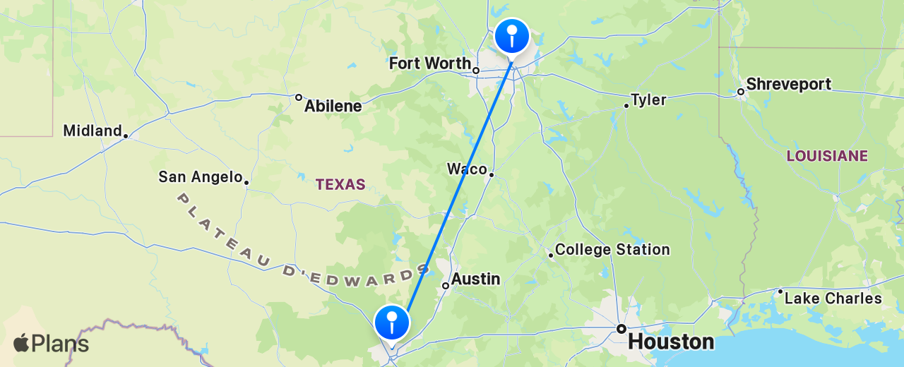 Carte du vol de Dallas vers San Antonio