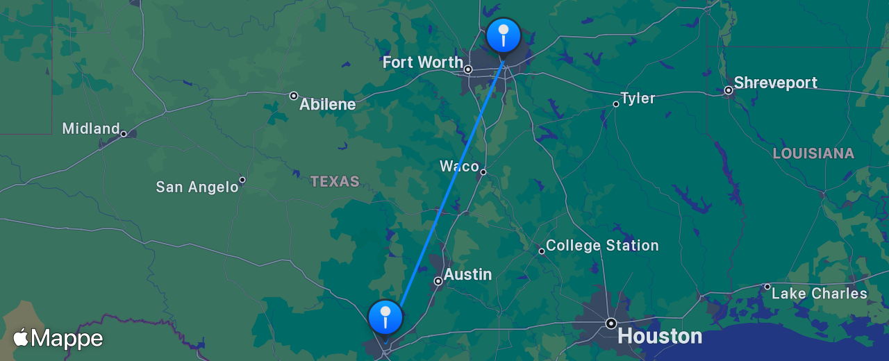 Mappa del volo da Dallas a San Antonio