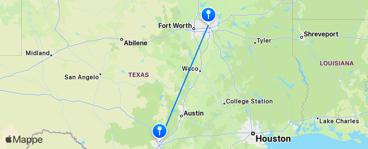 Mappa del volo da Dallas a San Antonio