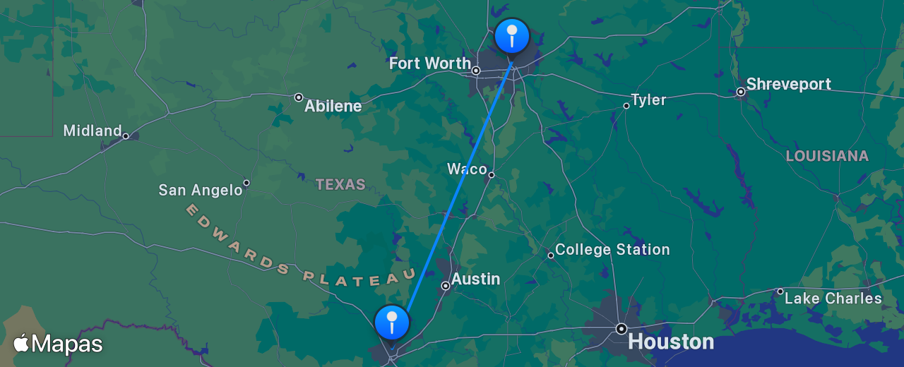 Mapa do voo de San Antonio para Dallas