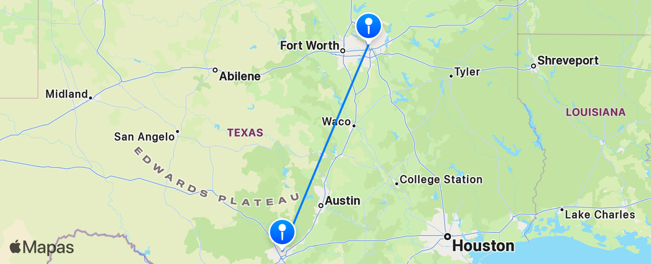 Mapa do voo de San Antonio para Dallas
