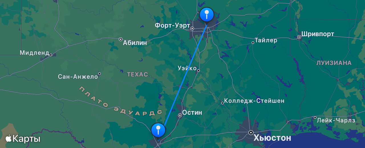 Карта перелёта Даллас — Сан-Антонио