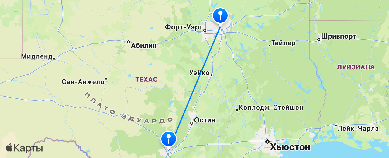 Карта перелёта Сан-Антонио — Даллас