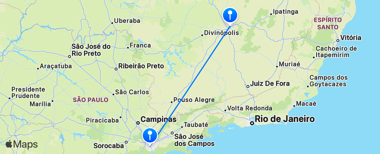 Map of the flight from São Paulo to Belo Horizonte