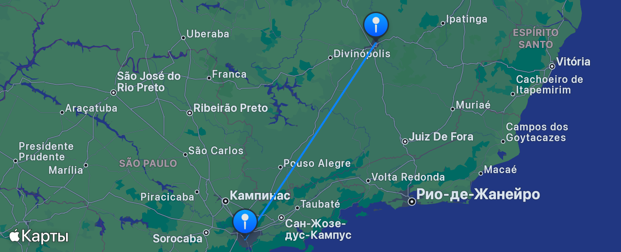 Карта перелёта Белу-Оризонти — Сан-Паулу