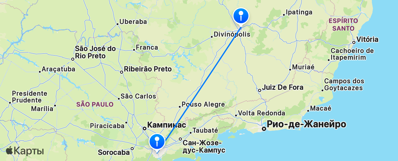 Карта перелёта Белу-Оризонти — Сан-Паулу
