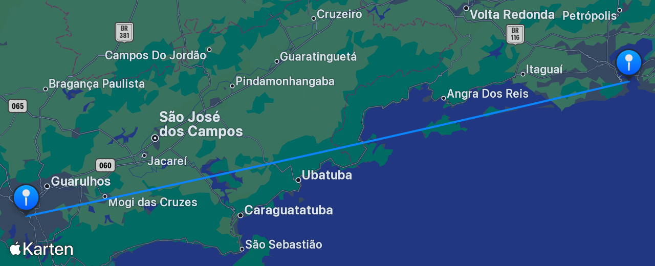 Karte des Flugs von Rio de Janeiro nach São Paulo