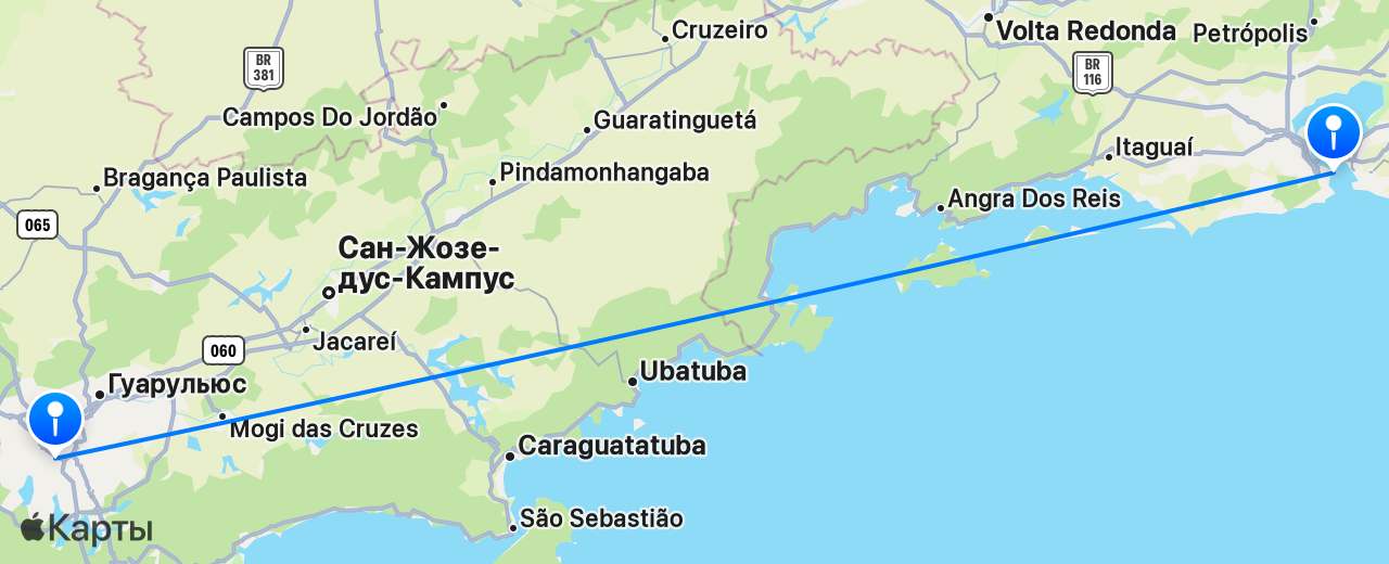 Карта перелёта Рио-де-Жанейро — Сан-Паулу