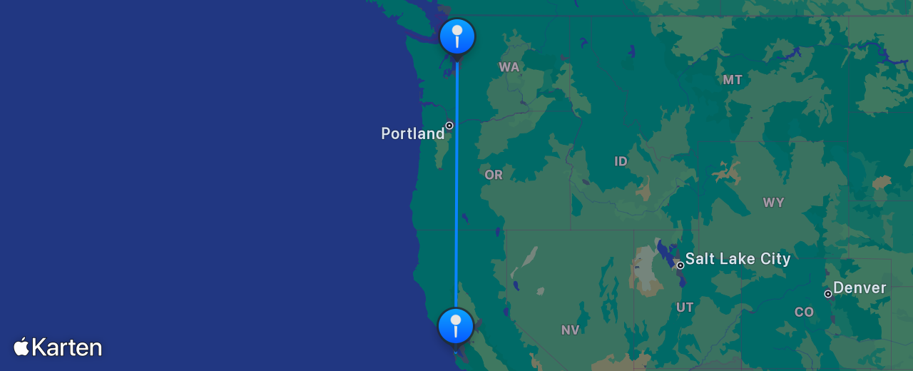 Karte des Flugs von San Francisco nach Seattle