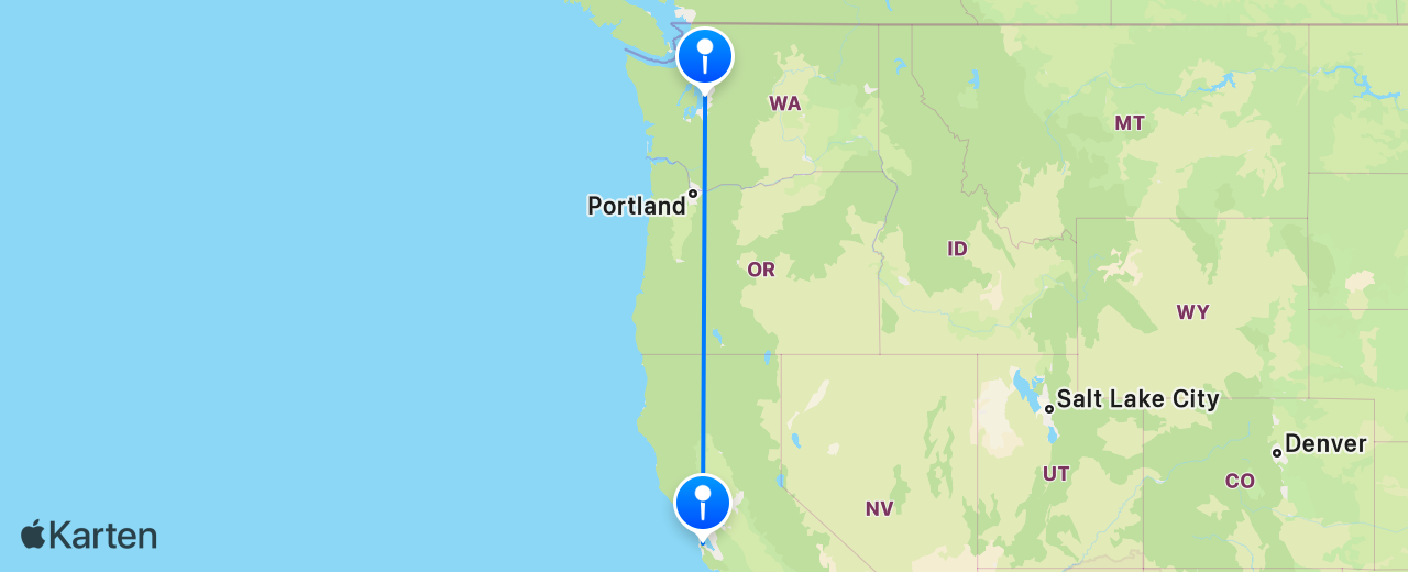 Karte des Flugs von San Francisco nach Seattle