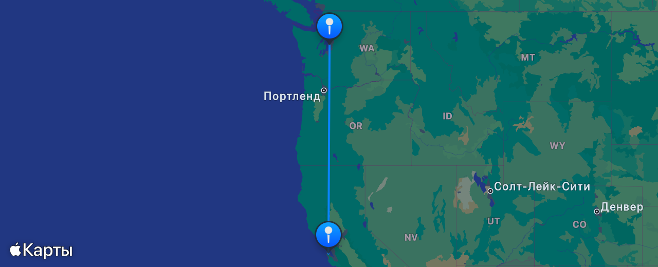 Карта перелёта Сиэтл — Сан-Франциско