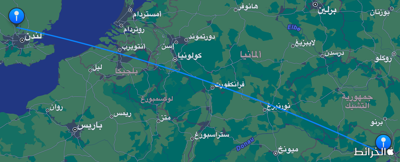 خريطة الرحلة من لندن إلى فيينا