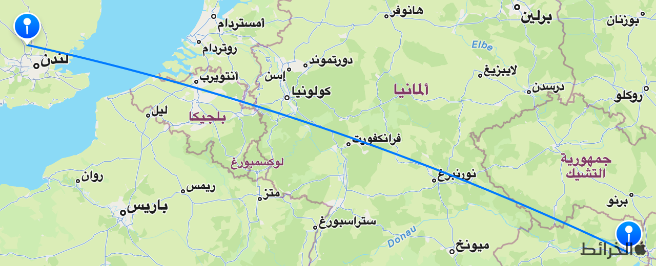 خريطة الرحلة من لندن إلى فيينا