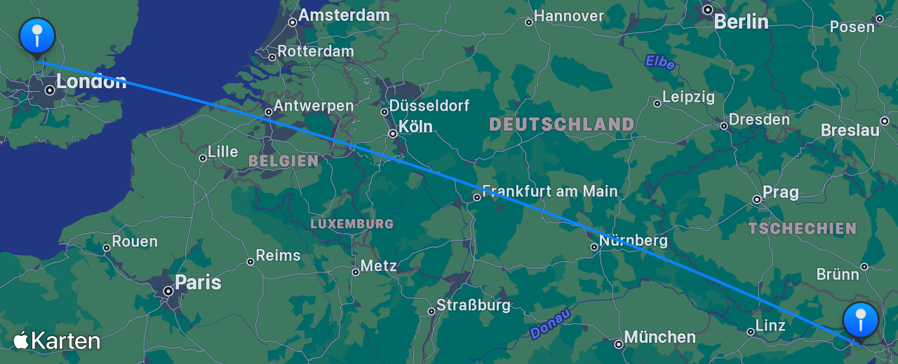 Karte des Flugs von London nach Wien