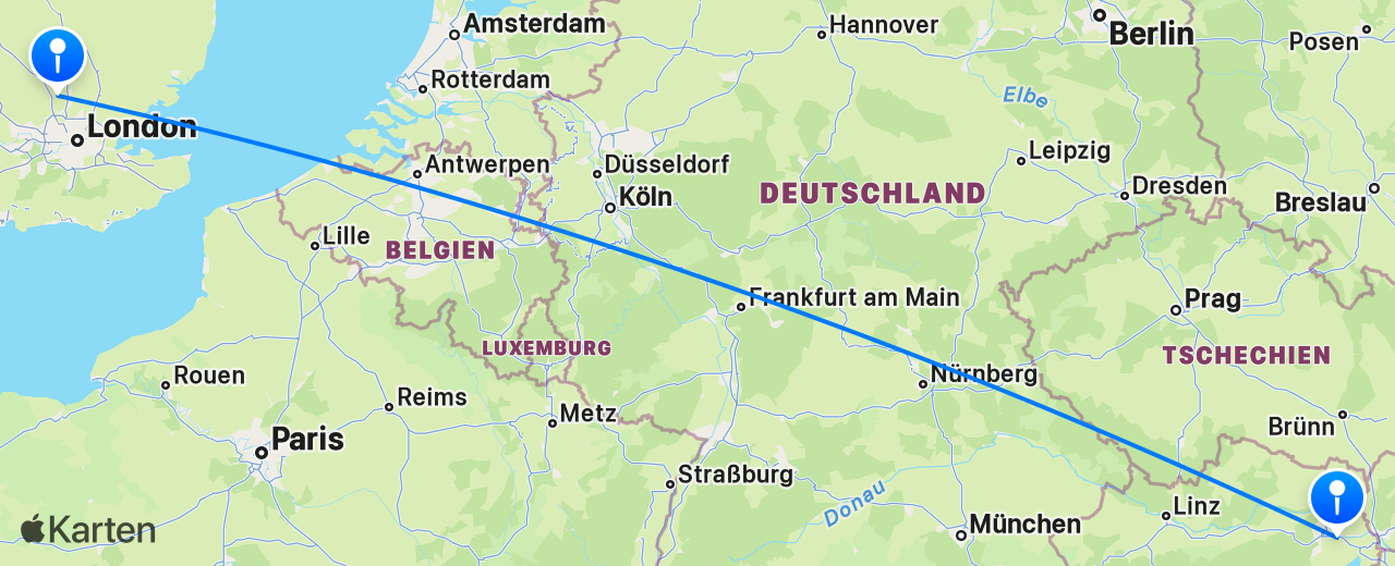 Karte des Flugs von London nach Wien