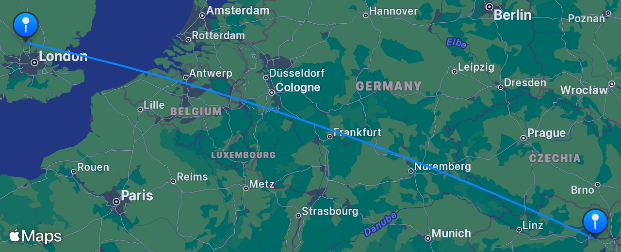 Map of the flight from London to Vienna
