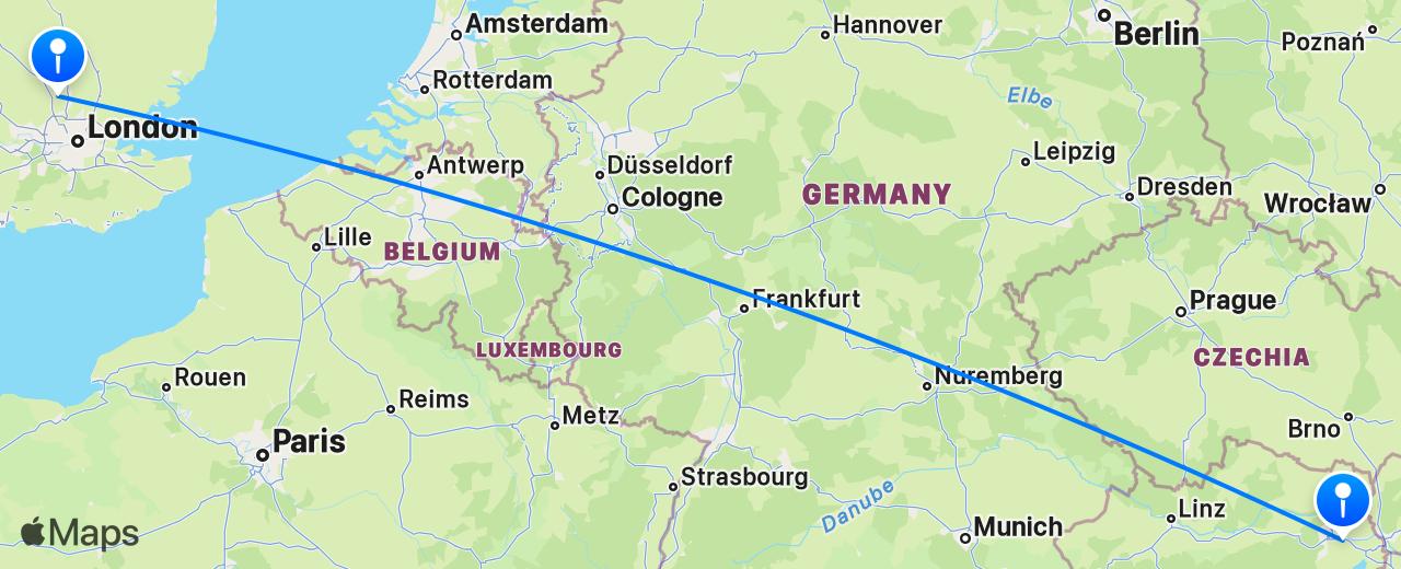 Map of the flight from London to Vienna