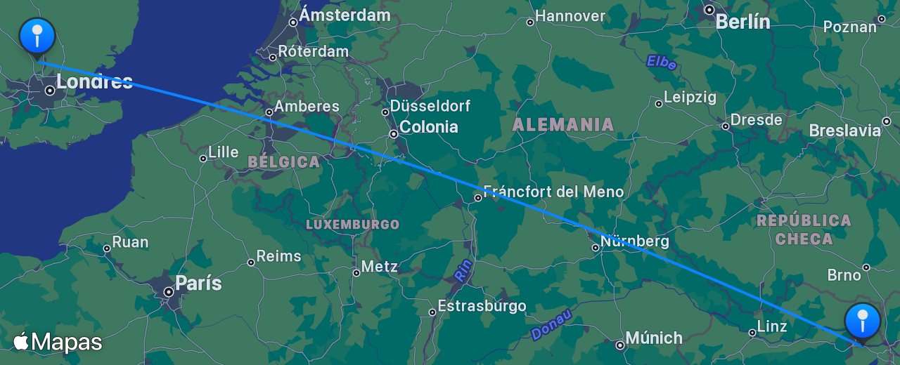 Mapa del vuelo de Londres a Viena