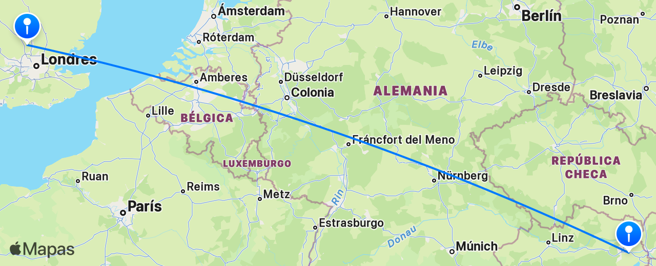 Mapa del vuelo de Londres a Viena