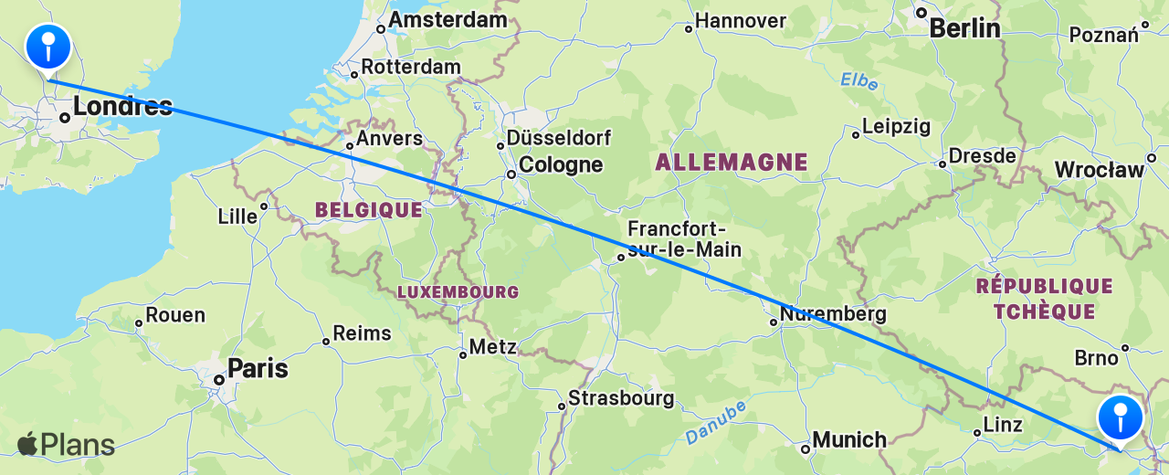 Carte du vol de Londres vers Vienne