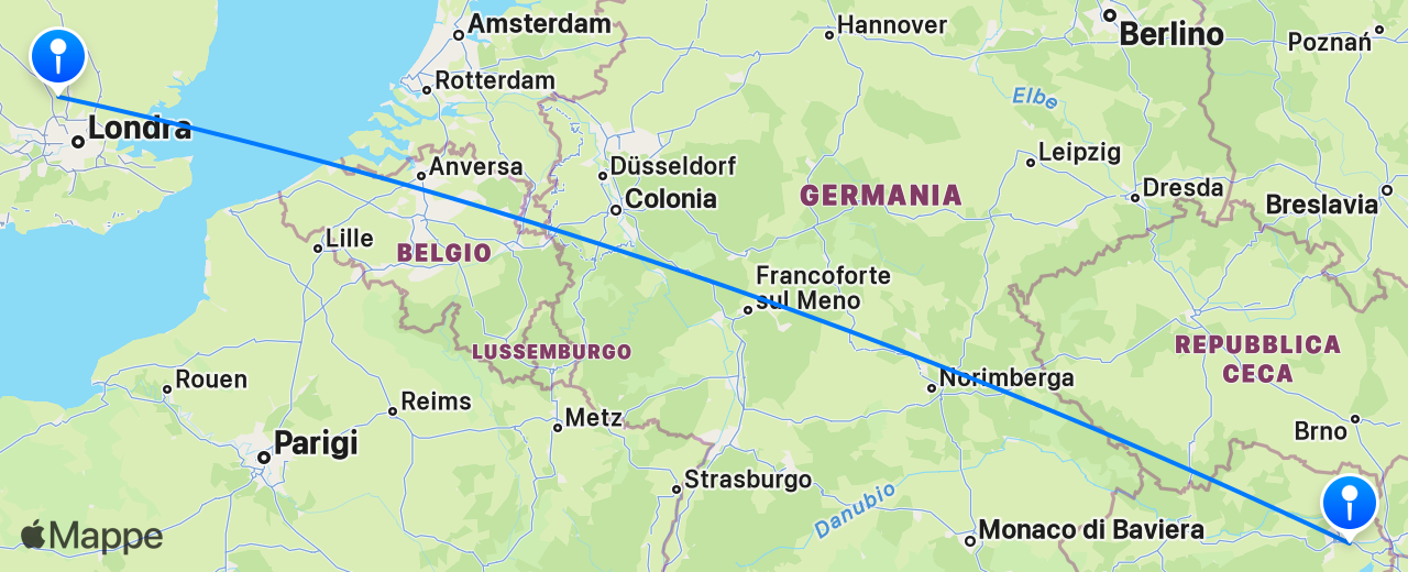 Mappa del volo da Londra a Vienna