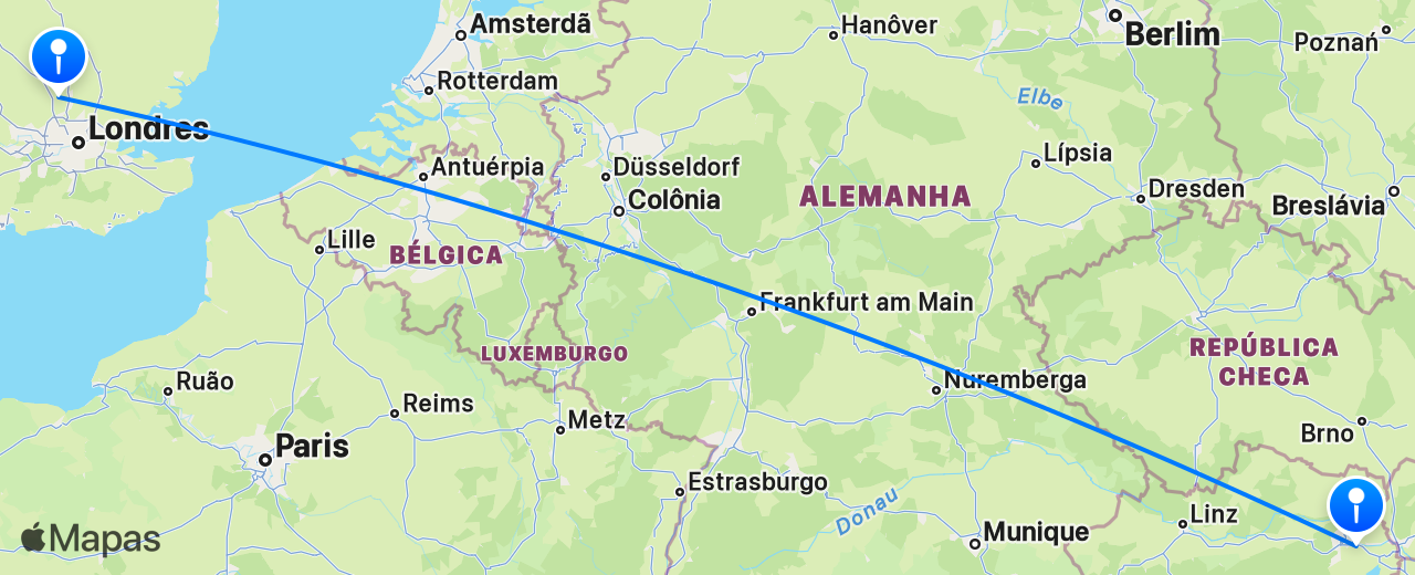 Mapa do voo de Londres para Viena