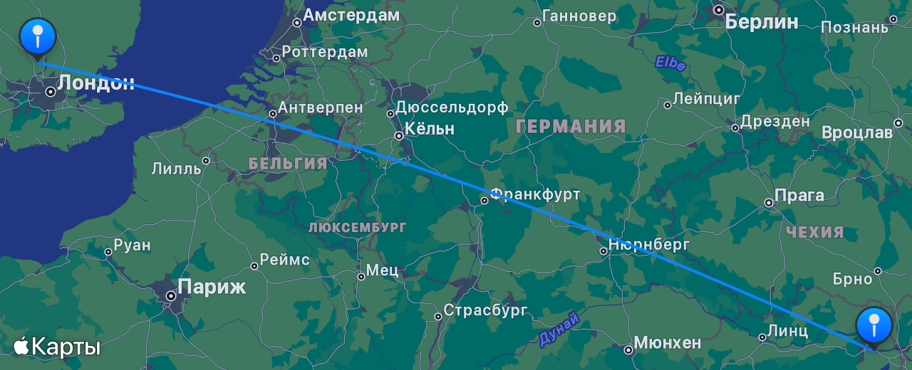 Карта перелёта Лондон — Вена