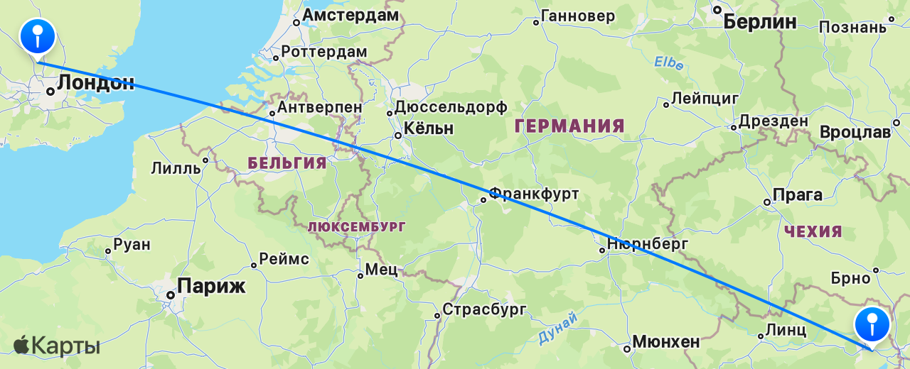 Карта перелёта Лондон — Вена