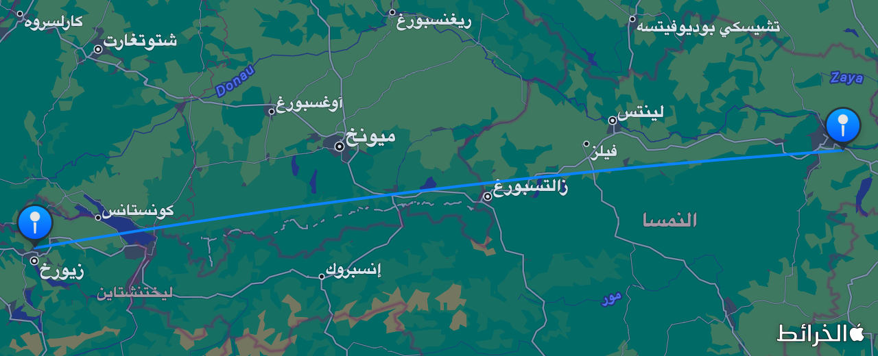 خريطة الرحلة من فيينا إلى زيورخ