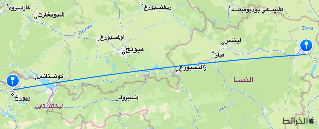 خريطة الرحلة من فيينا إلى زيورخ