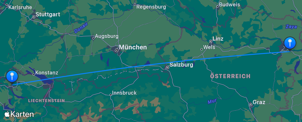 Karte des Flugs von Wien nach Zürich