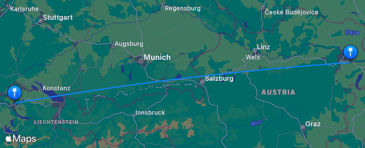 Map of the flight from Zurich to Vienna