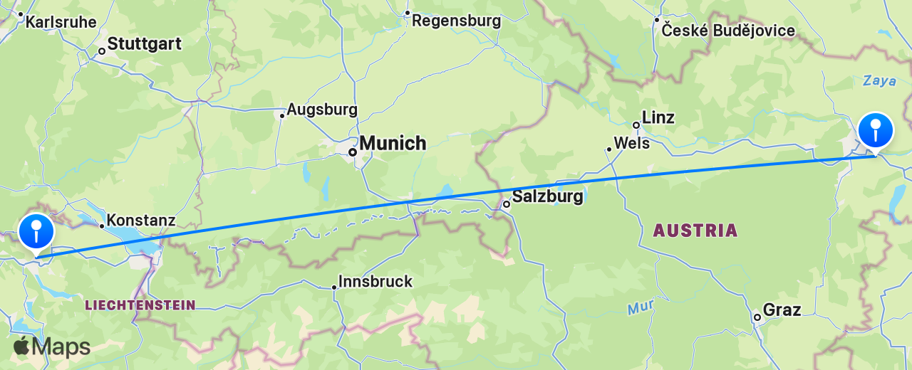 Map of the flight from Zurich to Vienna