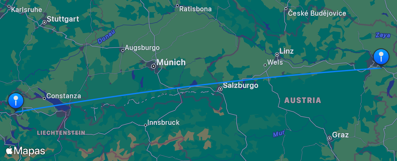 Mapa del vuelo de Viena a Zúrich