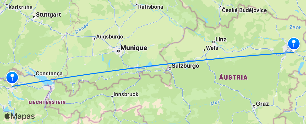 Mapa do voo de Zurique para Viena