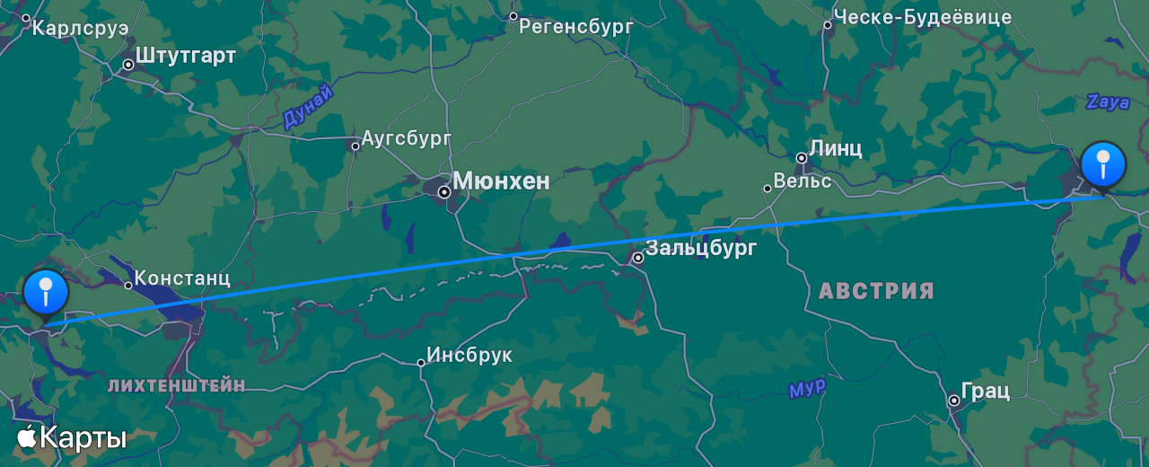 Карта перелёта Цюрих — Вена
