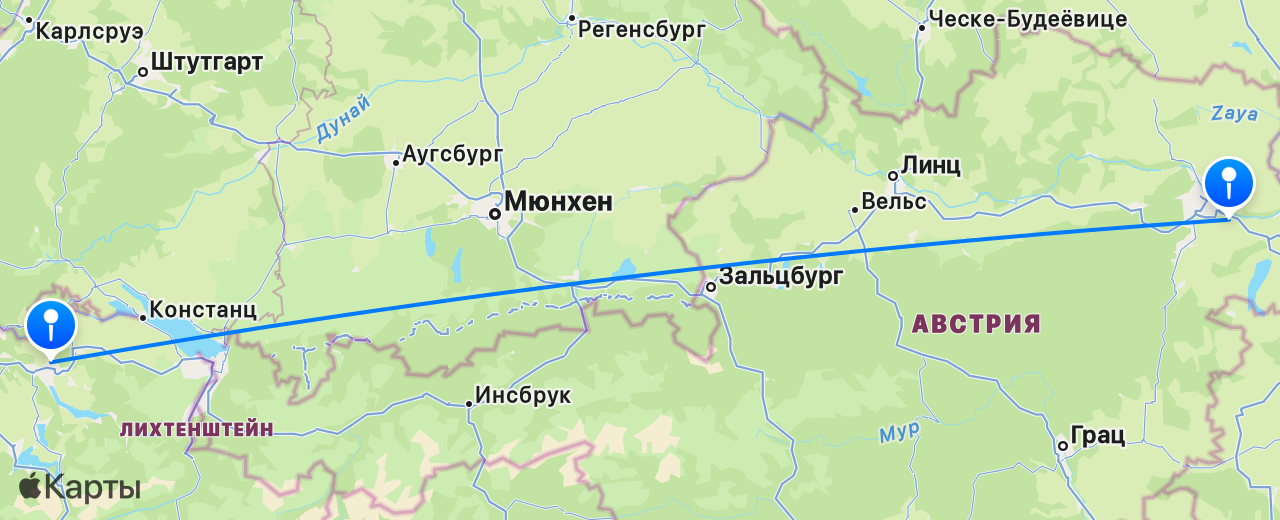 Карта перелёта Цюрих — Вена