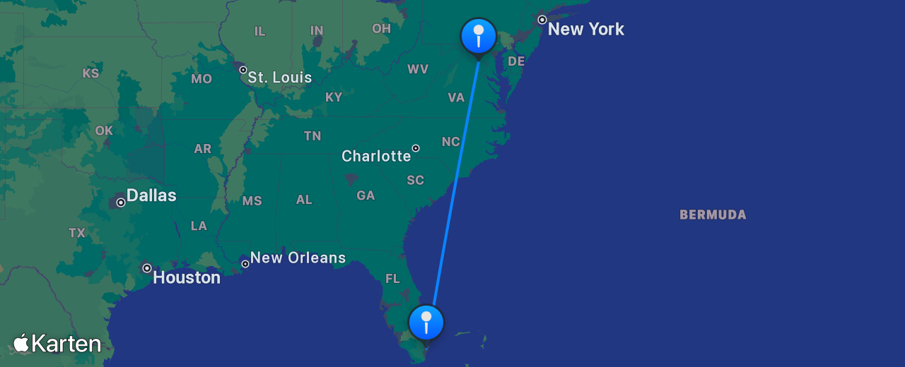 Karte des Flugs von Miami nach Washington DC