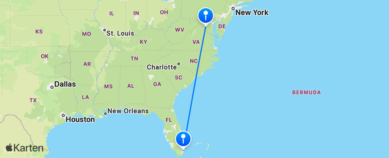 Karte des Flugs von Miami nach Washington DC