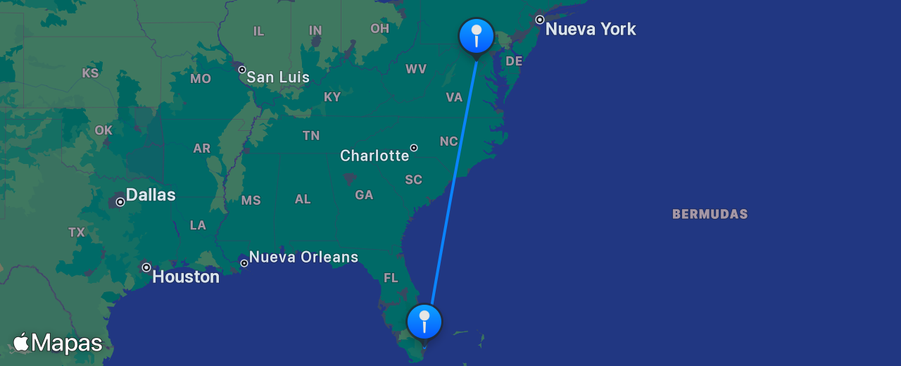 Mapa del vuelo de Miami a Washington DC