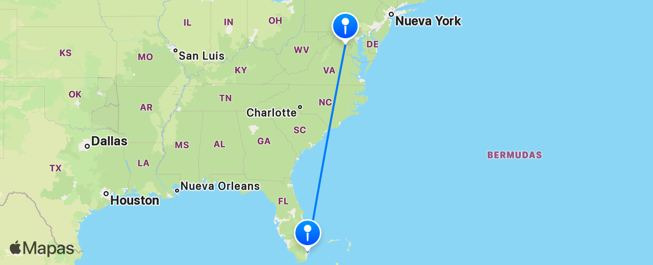 Mapa del vuelo de Miami a Washington DC