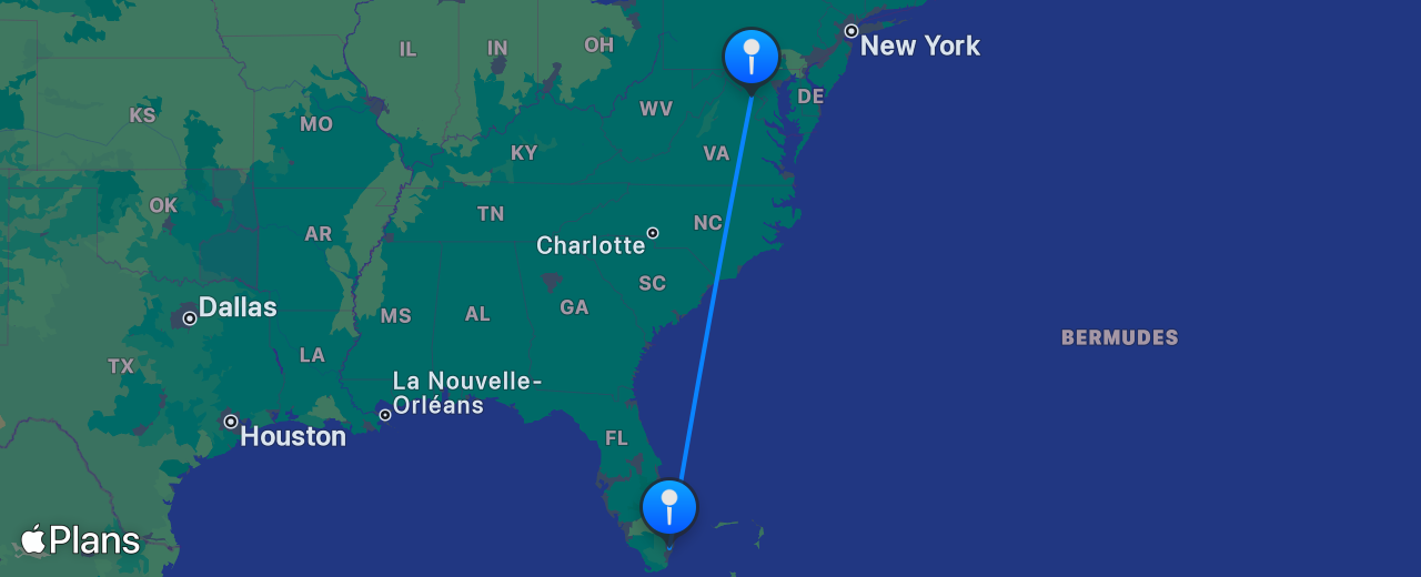 Carte du vol de Washington DC vers Miami