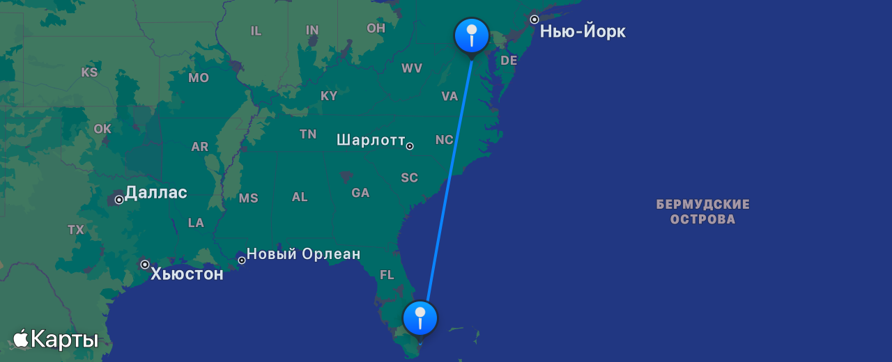 Карта перелёта Майами — Вашингтон